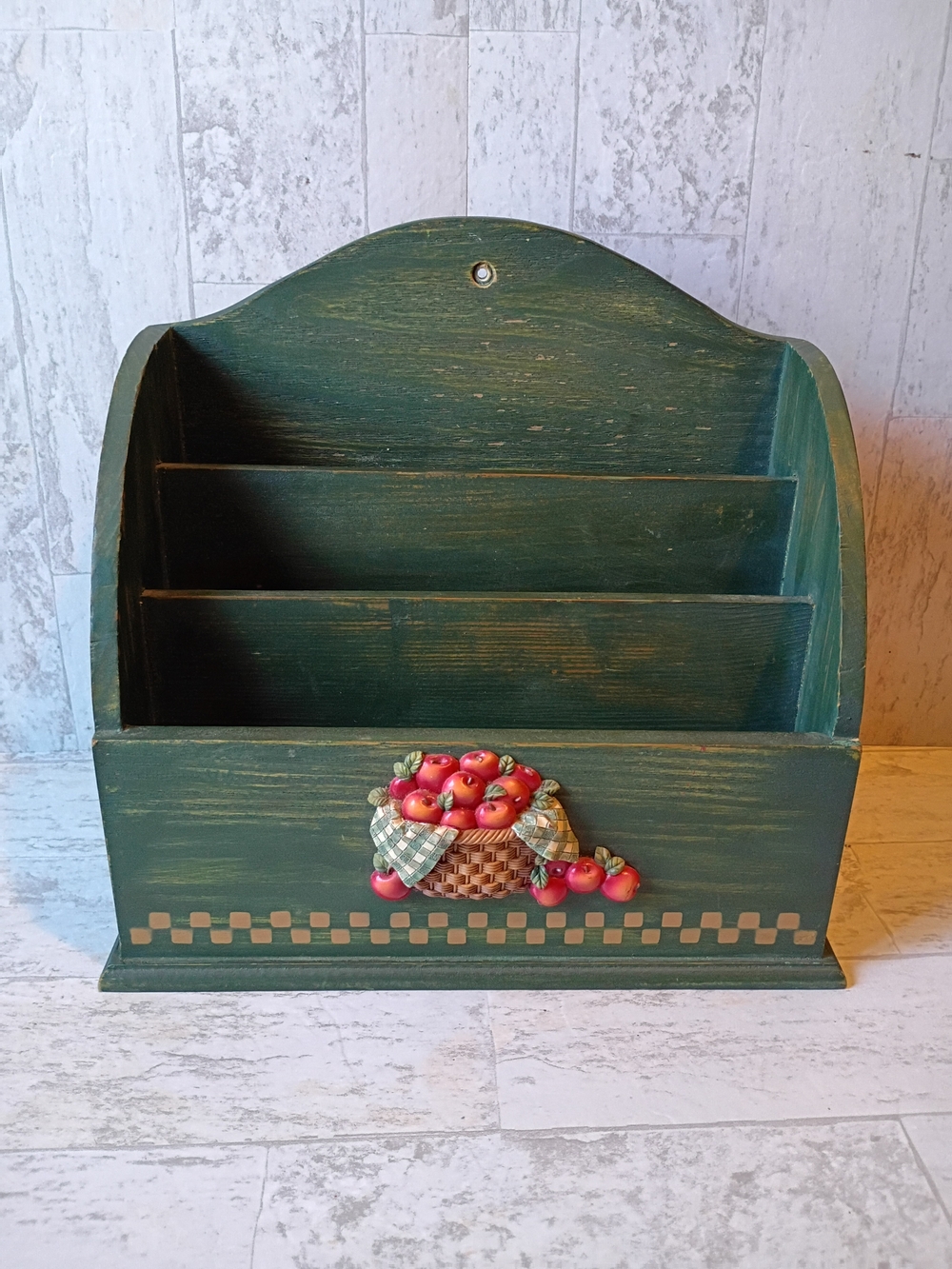 Farmhouse Cottagecore Wooden Mail Organizer with Apple Basket Accent - Green